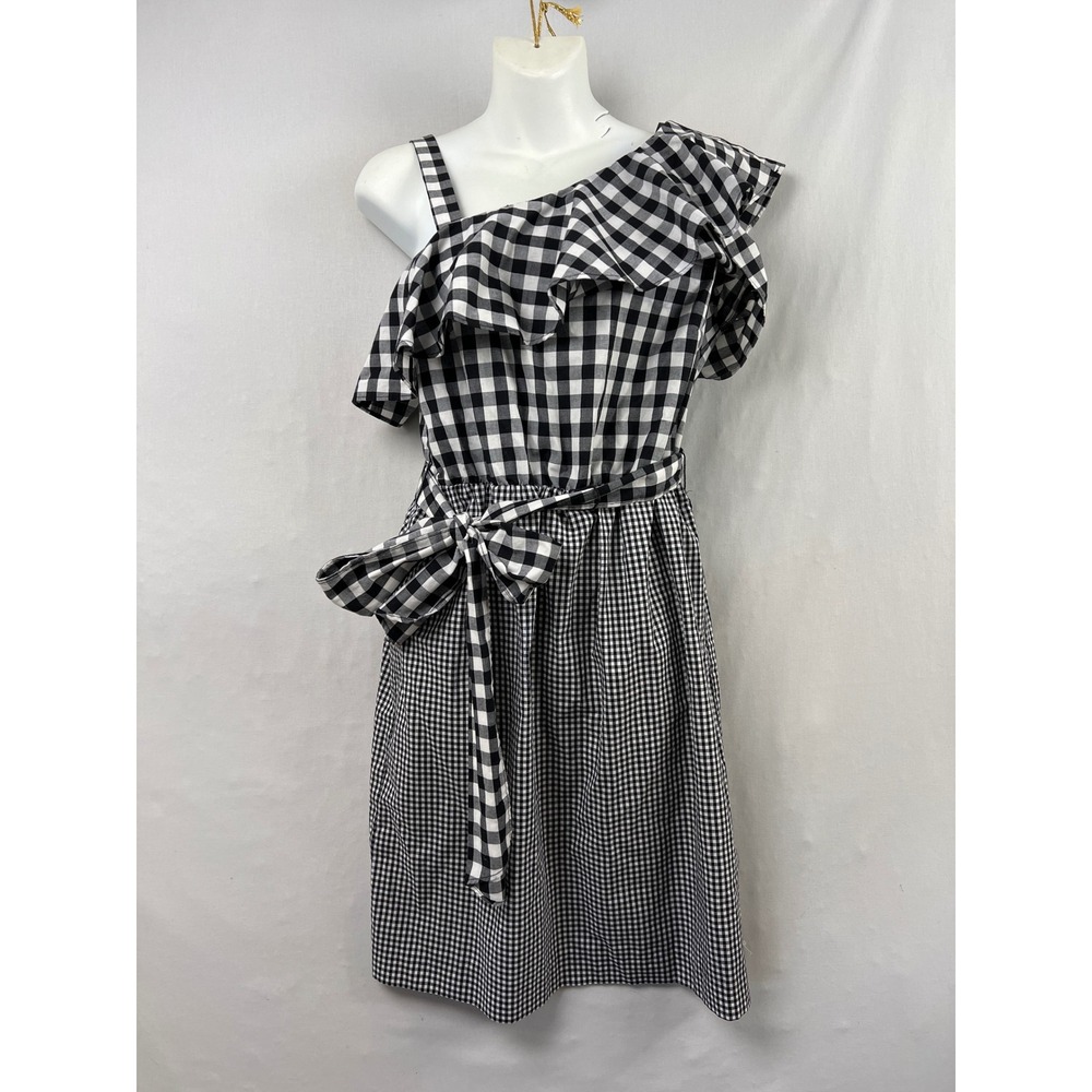 Calvin Klein One Shoulder Gingham Dress Womens 8 Black White Ruffle Tie Waist
